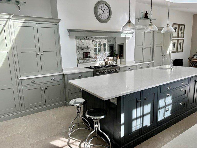 Grey-green Shaker kitchen with island
